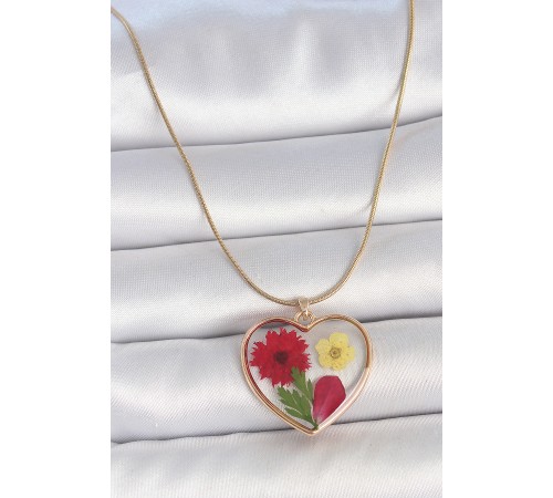 316L Çelik Gold Renk Zincir Epokis Kalp Doğal Çiçek Model Kadın Kolye - TJ-BKO10068
