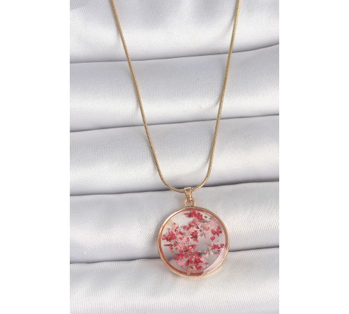 316L Çelik Gold Renk Zincir Epoksi Doğal Çiçek Model Kadın Kolye - TJ-BKO10069