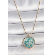 316L Çelik Gold Renk Zincir Daire Epoksi Mavi Çiçek Yaprak Model Kadın Kolye - TJ-BKO10070