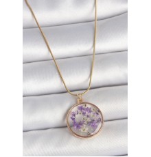 316L Çelik Gold Renk Zincir Daire Eposki Mor Çiçek Model Kadın Kolye - TJ-BKO10071