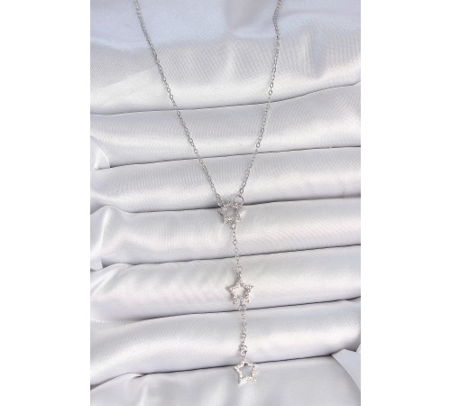 316L Çelik Gümüş Renk Zincir Zirkon Taşlı Yıldız Y Model Kadın Kolye - TJ-BKO10072