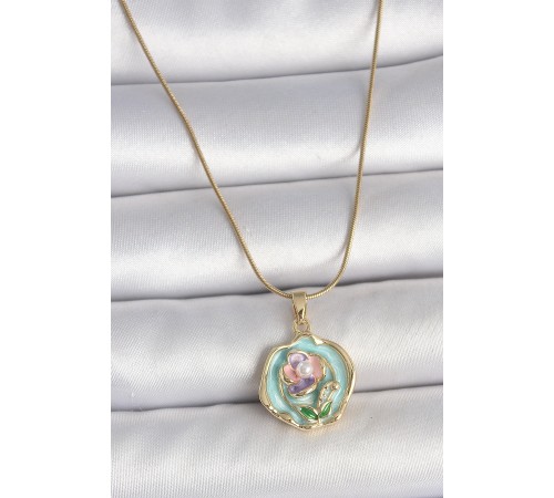 316L Çelik Gold Renk Zincir Turkuaz Pembe Mor Çiçek İşlemeli İnci Detay Portre Model Kadın Kolye - TJ-BKO10073