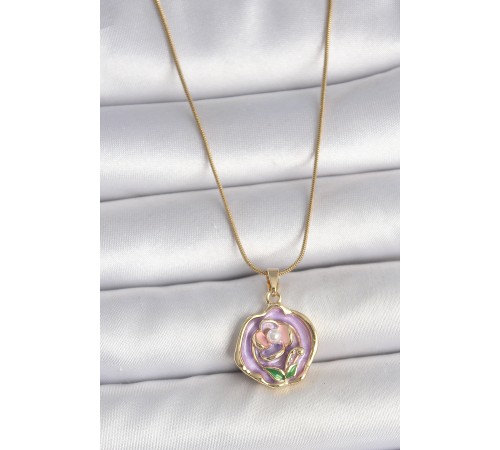 316L Çelik Gold Renk Zincir Mor Renkli Çiçek İşlemeli İnci Detay Portre Model Kadın Kolye - TJ-BKO10074