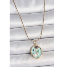 316L Çelik Gold Renk Zincir Mavi Çiçek İşlemeli İnci Detay Portre Model Kadın Kolye - TJ-BKO10076