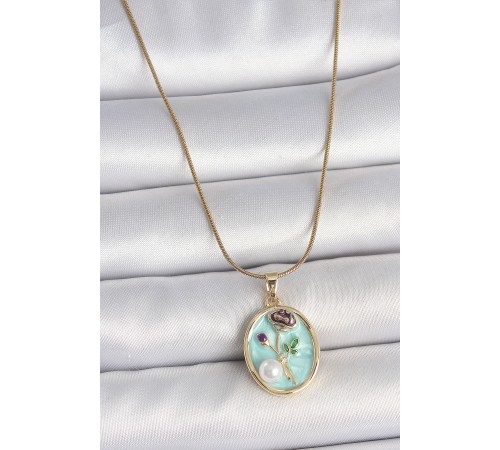 316L Çelik Gold Renk Zincir Mavi Çiçek İşlemeli İnci Detay Portre Model Kadın Kolye - TJ-BKO10076