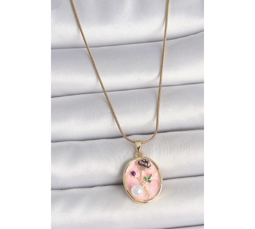 316L Çelik Gold Renk Zincir Pembe Çiçek İşlemeli İnci Detay Portre Model Kadın Kolye - TJ-BKO10077