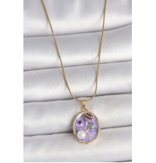 316L Çelik Gold Renk Zincir Mor Çiçek İşlemeli İnci Detay Portre Model Kadın Kolye - TJ-BKO10078