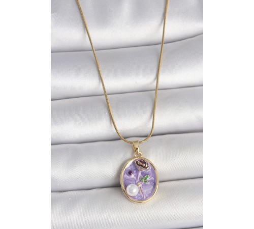316L Çelik Gold Renk Zincir Mor Çiçek İşlemeli İnci Detay Portre Model Kadın Kolye - TJ-BKO10078