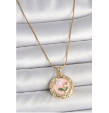 316L Çelik Gold Renk Zincir Pembe Çiçek İşlemeli inci Detay Portre Model Kadın Kolye - TJ-BKO10079