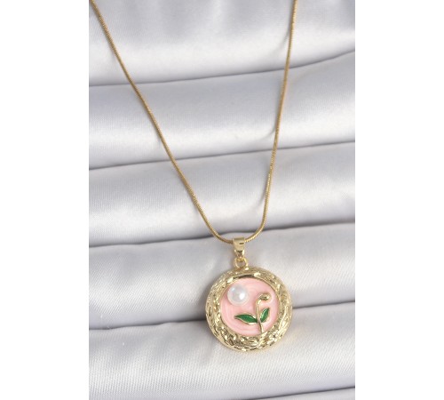 316L Çelik Gold Renk Zincir Pembe Çiçek İşlemeli inci Detay Portre Model Kadın Kolye - TJ-BKO10079