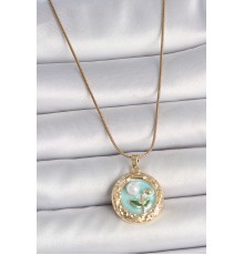 316L Çelik Gold Renk Zincir Mavi Çiçek İşlmeli İnci Detay Portre Model Kadın Kolye - TJ-BKO10080