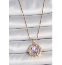 316L Çelik Gold Renk Zincir Mor Çiçek İşlemeli İnci Detay Potre Model Kadın Kolye - TJ-BKO10081