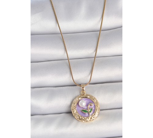 316L Çelik Gold Renk Zincir Mor Çiçek İşlemeli İnci Detay Potre Model Kadın Kolye - TJ-BKO10081