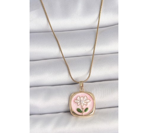 316L Çelik Gold Renk Zincir Pembe Papatya İşlemeli İnci Detay Kadın Kolye - TJ-BKO10082