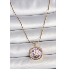 316L Çelik Gold Renk Zincir Mor Papatya İşlemeli İnci Detay Portre Model Kadın Kolye - TJ-BKO10084