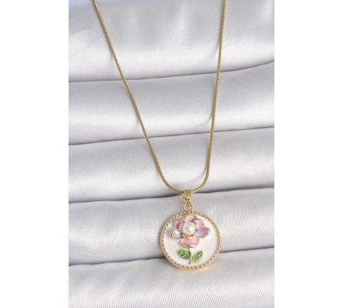 316L Çelik Gold Renk Zincir Beyaz Renkli Çiçek İşlemeli İnci Detay Portre Model Kadın Kolye - TJ-BKO10085