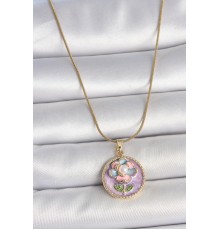 316L Çelik Gold Renk Zincir Mor Çiçek İşlemeli İnci Portre Model Detay Kadın Kolye - TJ-BKO10086