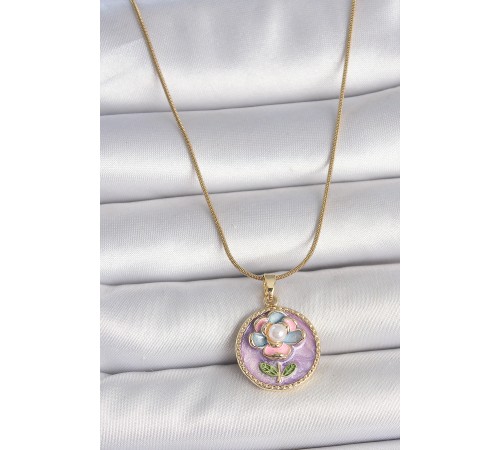 316L Çelik Gold Renk Zincir Mor Çiçek İşlemeli İnci Portre Model Detay Kadın Kolye - TJ-BKO10086
