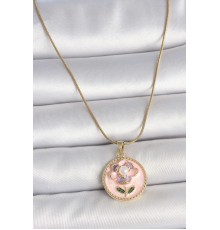 316L Çelik Gold Renk Zincir Pembe Çiçek İşlemeli İnci Detay Portre Model Kadın Kolye - TJ-BKO10087