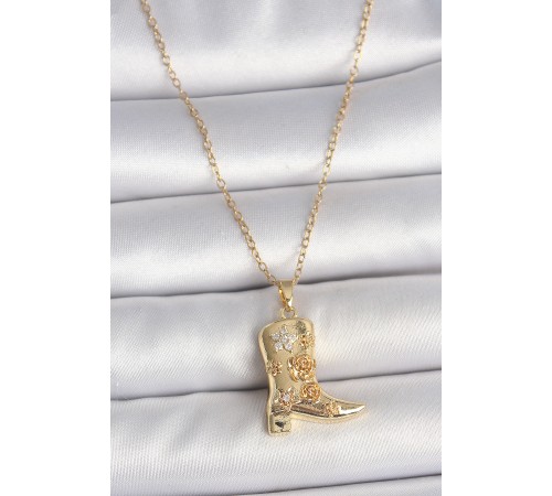 316L Çelik Gold Renk Zirkon Taşlı İşleme Detaylı Çizme Model Kadın Kolye - TJ-BKO10091