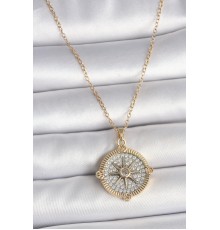 316L Çelik Gold Renk Zirkon Taşlı Pusula Model Kadın Kolye - TJ-BKO10093