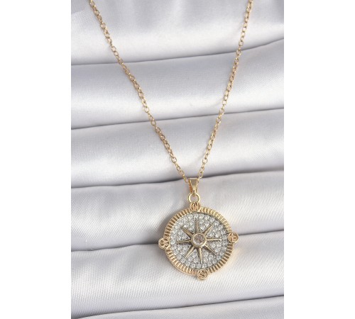 316L Çelik Gold Renk Zirkon Taşlı Pusula Model Kadın Kolye - TJ-BKO10093