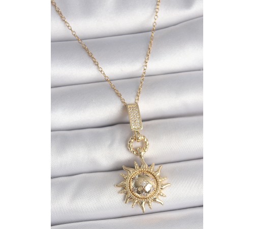 316L Çelik Gold Renk Zirkon Taşlı Sallantı Güneş Model Kadın Kolye - TJ-BKO10094