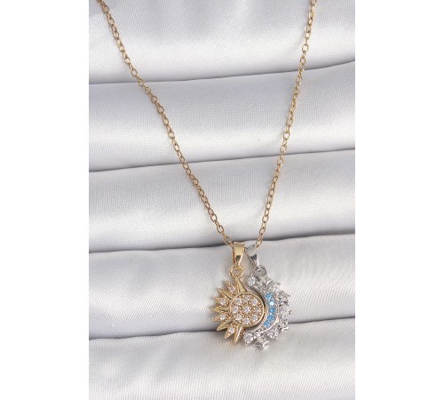 316L Çelik Mix Renk Zirkon Taşlı Ay Güneş Model Kadın Kolye - TJ-BKO10096
