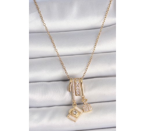 316L Çelik Gold Renk Zirkon Taşlı Sallantı Fotoğraf Makinası Figür Charm Kadın Kolye - TJ-BKO10097