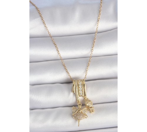 316L Çelik Gold Renk Zirkon Taşlı Sallantı Melek Figür Charm Kadın Kolye - TJ-BKO10099