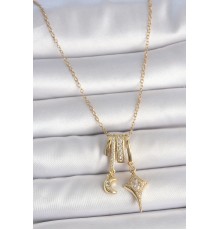 316L Çelik Gold Renk Zirkon Taşlı Sallantı Ay Yıldız Figür Charm Kadın Kolye - TJ-BKO10101