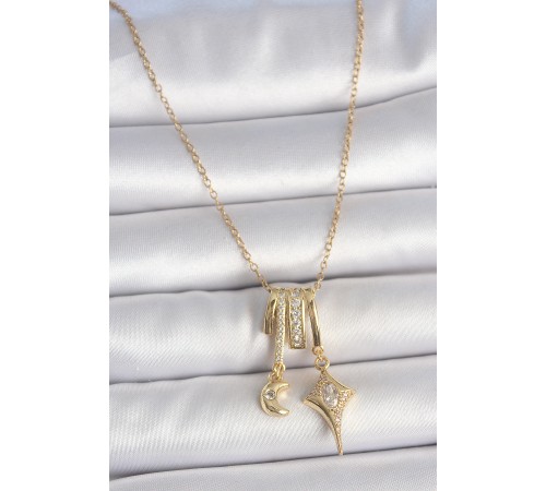 316L Çelik Gold Renk Zirkon Taşlı Sallantı Ay Yıldız Figür Charm Kadın Kolye - TJ-BKO10101