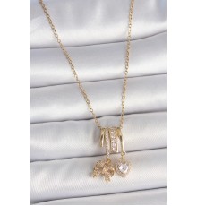 316L Çelik Gold Renk Sallantı Fiyonk Kalp Figür Charm Kadın Kolye - TJ-BKO10103