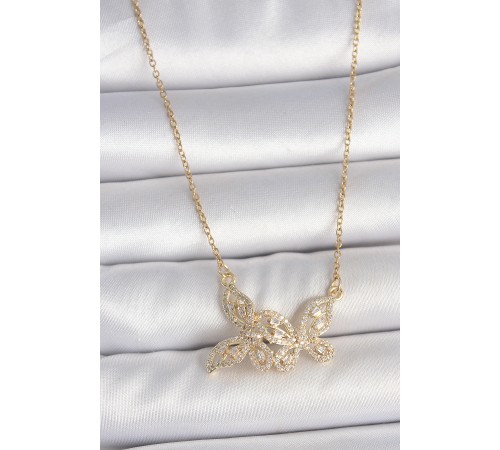 316L Çelik Gold Renk Zincir Zirkon Taşlı Model Kadın Kolye - TJ-BKO10105