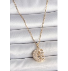 316L Çelik Gold Renk Zincir Zirkon Taşlı Ay Yıldız Model Kadın Kolye - TJ-BKO10107