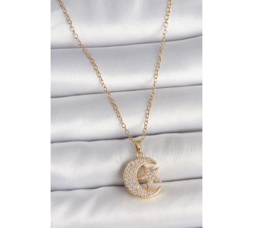 316L Çelik Gold Renk Zincir Zirkon Taşlı Ay Yıldız Model Kadın Kolye - TJ-BKO10107