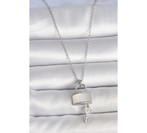 316L Çelik Gümüş Renk Zincir Beyaz Sedefli Kilit Anahtar Detay Kadın Kolye - TJ-BKO10108