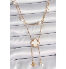 316L Çelik Gold Renk Zincir Beyaz Yonca Figür Sallantı Çiçek İnci Detay Kadın Kolye - TJ-BKO10109