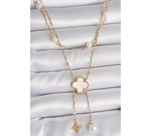 316L Çelik Gold Renk Zincir Beyaz Yonca Figür Sallantı Çiçek İnci Detay Kadın Kolye - TJ-BKO10109