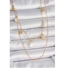 316L Çelik Gold Renk 2'Li Zincir Sallantı Yıldız İnci Model Kadın Kolye - TJ-BKO10110