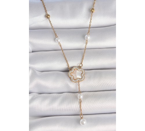 316L Çelik Gold Renk Zincir Beyaz Mineli Zirkon Taşlı Yonca Figür Topçuk Detay Kadın Kolye - TJ-BKO10111