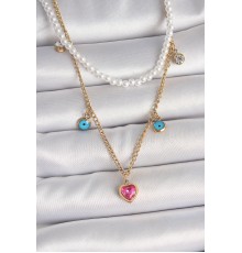 316L Çelik Gold Renk 2'Li İnci Zincir Model Pembe Taşlı Kalp Figür Nazar Boncuk Detay Kadın Kolye - TJ-BKO10112