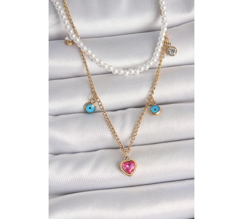 316L Çelik Gold Renk 2'Li İnci Zincir Model Pembe Taşlı Kalp Figür Nazar Boncuk Detay Kadın Kolye - TJ-BKO10112