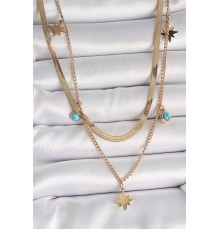 316L Çelik Gold Renk 2'Li İtalyan Zincir Model Yıldız Figür Mavi Taş Detay Kadın Kolye - TJ-BKO10113