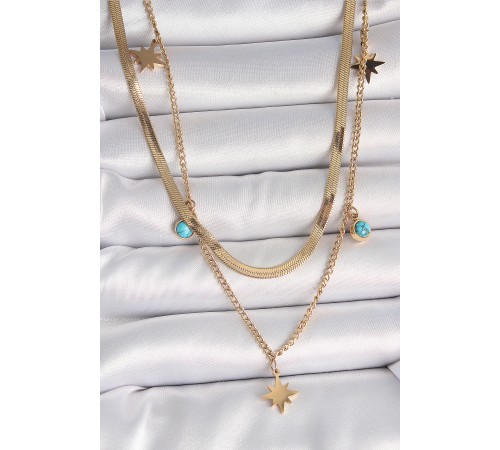316L Çelik Gold Renk 2'Li İtalyan Zincir Model Yıldız Figür Mavi Taş Detay Kadın Kolye - TJ-BKO10113