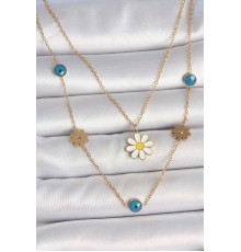 316L Çelik Gold Renk 2'Li Zincir Model Papatya Figür Nazar Boncuk Detay Kadın Kolye - TJ-BKO10114