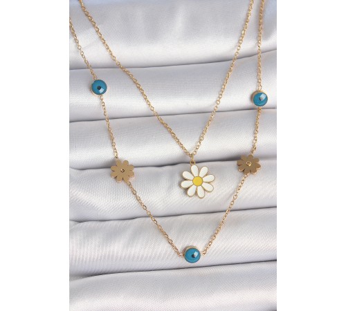 316L Çelik Gold Renk 2'Li Zincir Model Papatya Figür Nazar Boncuk Detay Kadın Kolye - TJ-BKO10114