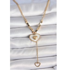316L Çelik Gold Renk Zincir Beyaz Mineli Kalp Figür Sallantı Detay Kadın Kolye - TJ-BKO10115