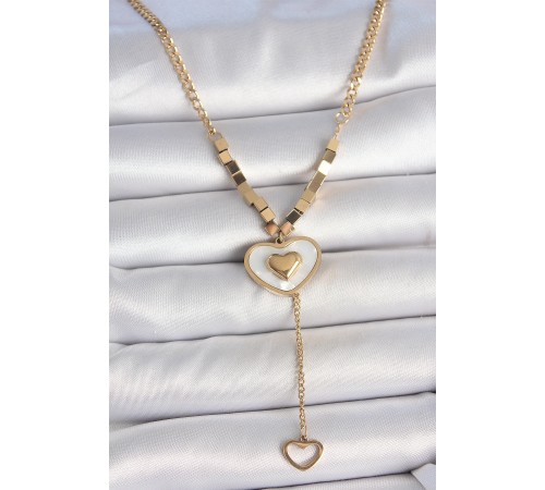 316L Çelik Gold Renk Zincir Beyaz Mineli Kalp Figür Sallantı Detay Kadın Kolye - TJ-BKO10115