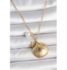 316L Çelik Gold Renk Zincir Deniz Kabuğu Figür İnci Detay Kadın Kolye - TJ-BKO10116